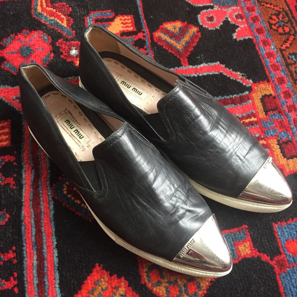 SOLD Miu Miu Metal Cap Toe Black Leather Sneakers